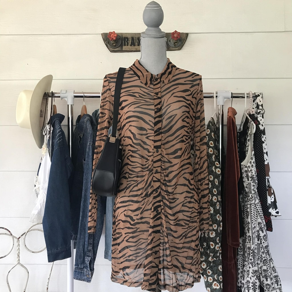 Wild Fable Tiger Patter Sheer Long Sleeve Midi Dress Womens Size Medium